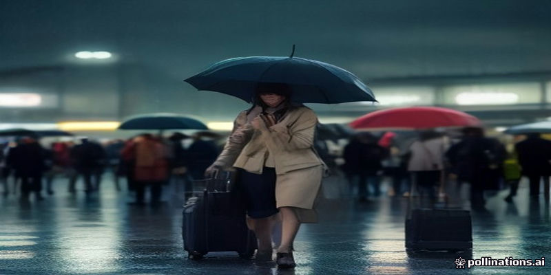 Airport terminal entrance with travellers holding umbrellas