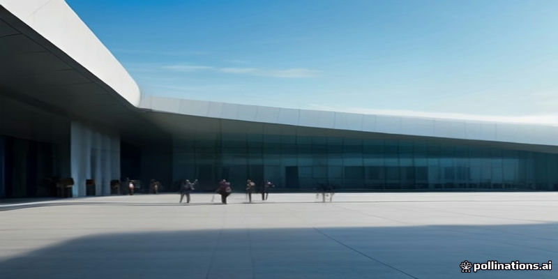 Exhibition center exterior with visitors arriving