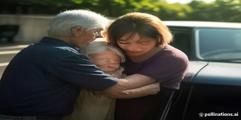 Family helping elderly parent step out of a car