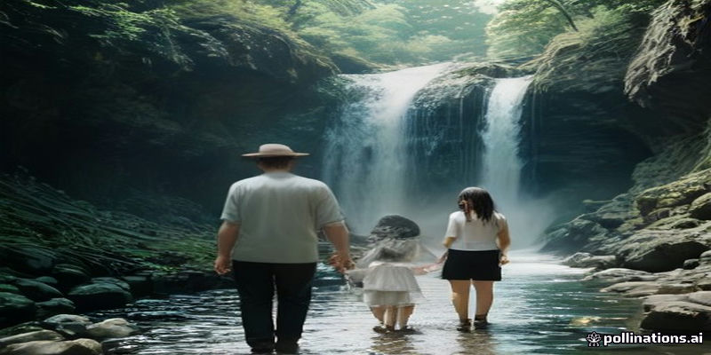 Family walking near a waterfall on Jeju island