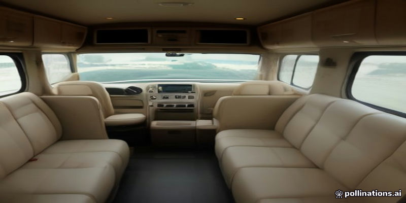 Spacious interior of luxury passenger van showing plush captain recliners and wood trim