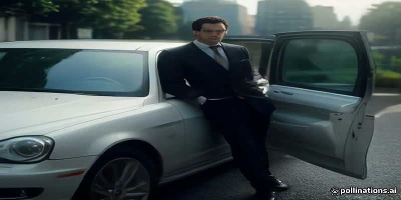 Professional chauffeur in a suit holding a car door open
